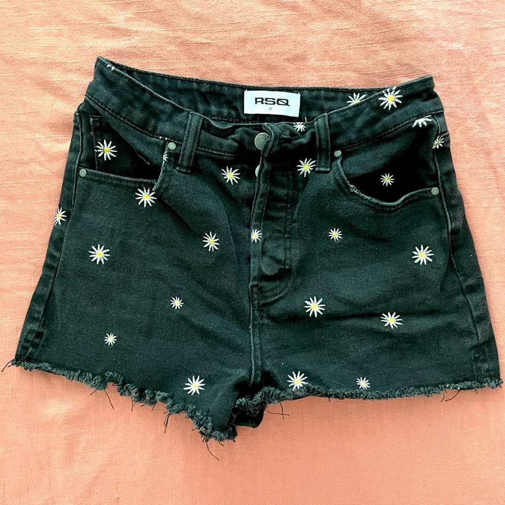 RSQ Black denim shorts with flower detail